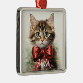 可愛らしい水色虎猫の赤い弓つき子猫 メタルオーナメント (右)