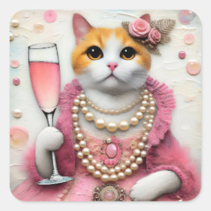 可愛らしい猫ピンクのドリンク真珠のドレス スクエアシール