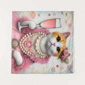 可愛らしい猫ピンクのドリンク真珠のドレス タペストリー (正面(横))