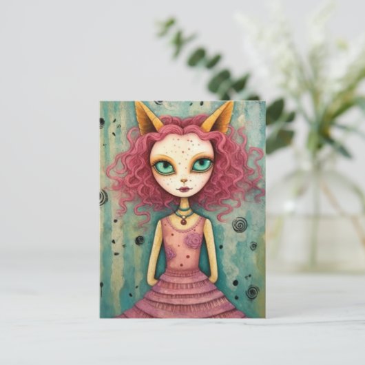 可愛らしい猫耳ミックスメディアコラージュの女性 ポストカード (スタンド正面)