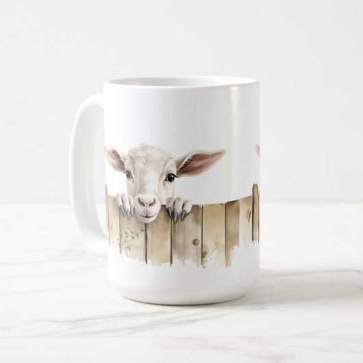 可愛らしい白いヤギが柵の上を覗き込む コーヒーマグカップ (正面左)