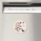 可愛らしい白馬 ピンクの花 エレガントで幻想的なデザイン マグネット (インサイチュ (食洗機))