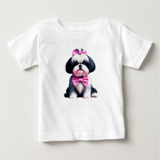 可愛らしい白黒シーズー(犬)ズピンクポルカ ベビーTシャツ