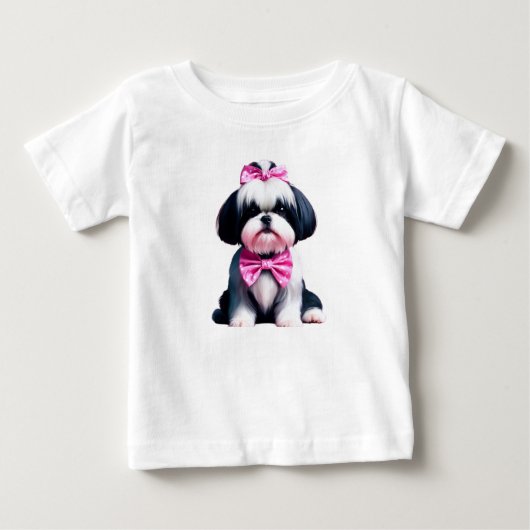可愛らしい白黒シーズー(犬)ズピンクポルカ ベビーTシャツ (正面)