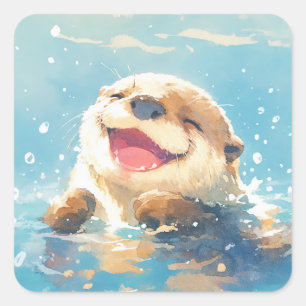 可愛らしい笑顔の赤ちゃんカワウソの水しぶき スクエアシール