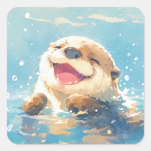 可愛らしい笑顔の赤ちゃんカワウソの水しぶき スクエアシール (正面)