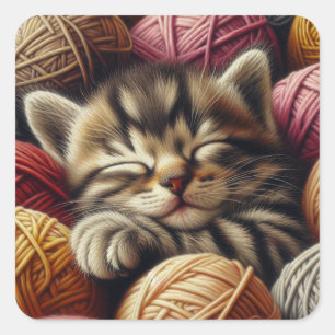 可愛らしい糸で眠る甘い子猫 スクエアシール