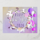 可愛らしい色使いの新年のお祝いと装飾 箔シーズンポストカード (正面)