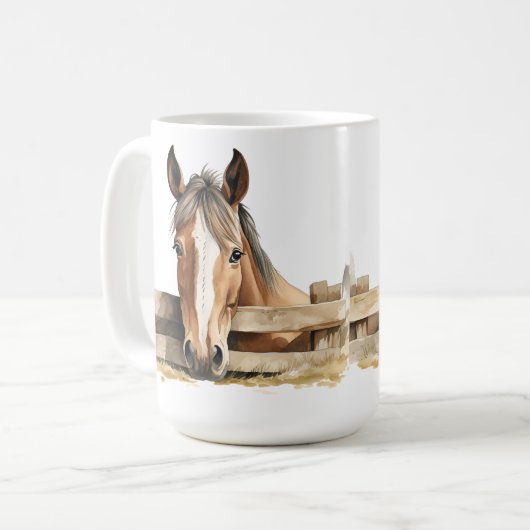 可愛らしい茶色と白い馬のフェンス越え覗き コーヒーマグカップ (正面左)