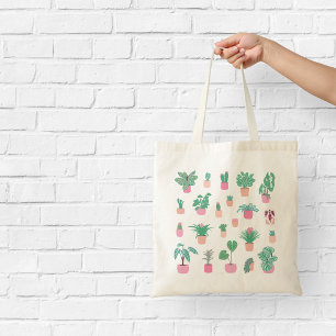 可愛らしい観葉植物のピンクとグリーンのイラスト トートバッグ