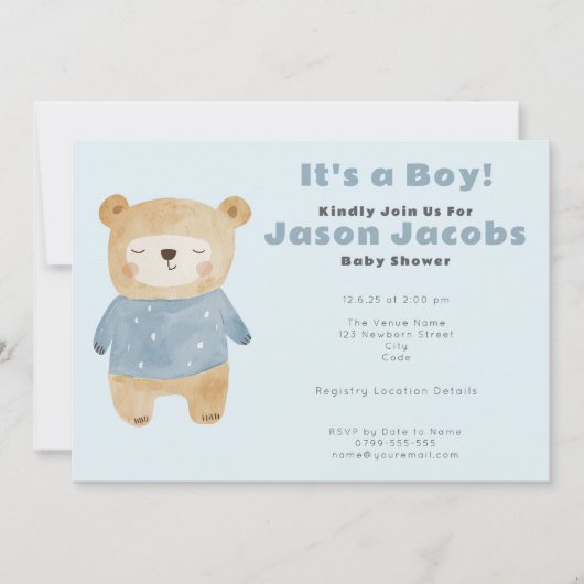 可愛らしい青いテディベアーベイビーシャワー「男の子だ」 招待状 (正面)