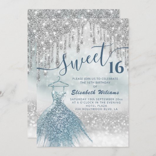 可愛らしい青いドレスの銀色のキラキラした乾グラデーション滴 招待状 (正面/裏面)