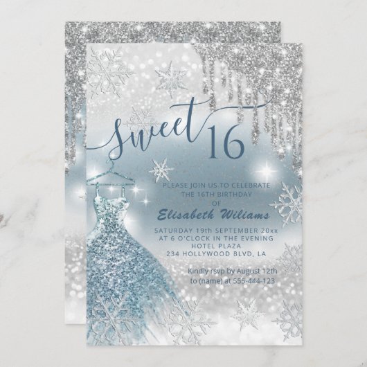 可愛らしい青いドレスの銀色のキラキラした乾グラデーション滴 招待状 (正面/裏面)