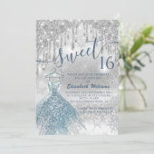 可愛らしい青いドレスの銀色のキラキラした乾グラデーション滴 招待状 (スタンド正面)