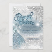 可愛らしい青いドレスの銀色のキラキラした乾グラデーション滴 招待状 (正面)