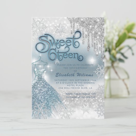 可愛らしい青いドレスの銀色のキラキラした乾グラデーション滴 招待状 (スタンド正面)
