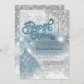 可愛らしい青いドレスの銀色のキラキラした乾グラデーション滴 招待状 (正面/裏面)