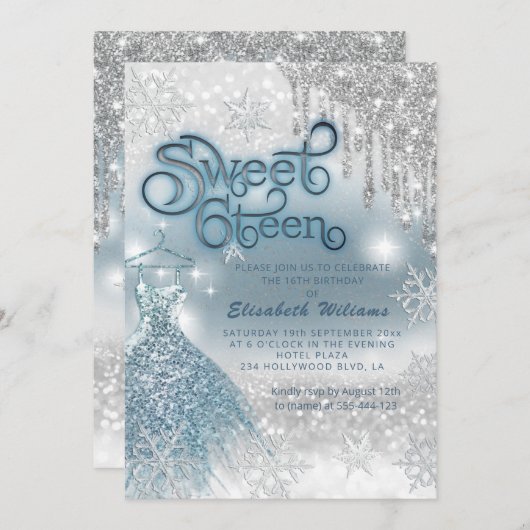 可愛らしい青いドレスの銀色のキラキラした乾グラデーション滴 招待状 (正面/裏面)
