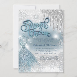 可愛らしい青いドレスの銀色のキラキラした乾グラデーション滴 招待状