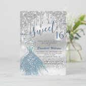 可愛らしい青いドレスの銀色の輝きが漂グラデーションう 招待状 (スタンド正面)