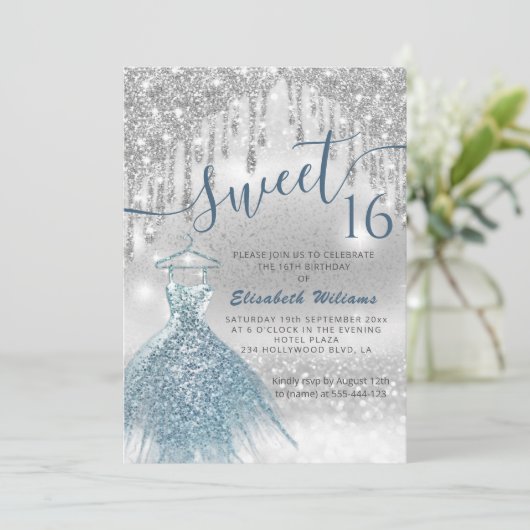 可愛らしい青いドレスの銀色の輝きが漂グラデーションう 招待状 (スタンド正面)