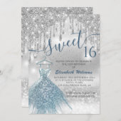 可愛らしい青いドレスの銀色の輝きが漂グラデーションう 招待状 (正面/裏面)