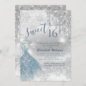 可愛らしい青いドレスの銀色の輝きが漂グラデーションう 招待状 (正面/裏面)