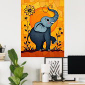 可愛らしい青い象とフローラアクセント ポスター (ホームオフィス)