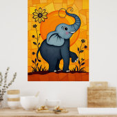 可愛らしい青い象とフローラアクセント ポスター (キッチン)