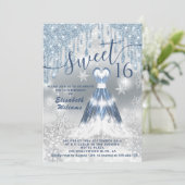 可愛らしい青白熱［赤熱］光を放つドレス銀色のキラキラした滴 招待状 (スタンド正面)