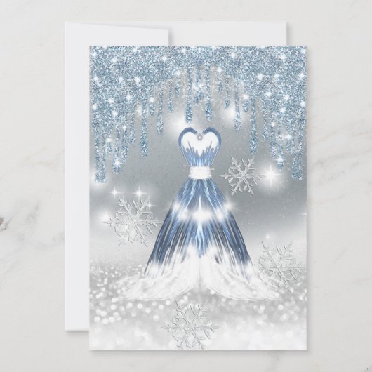可愛らしい青白熱［赤熱］光を放つドレス銀色のキラキラした滴 招待状 (裏面)