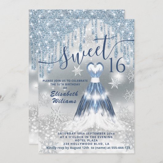 可愛らしい青白熱［赤熱］光を放つドレス銀色のキラキラした滴 招待状 (正面/裏面)