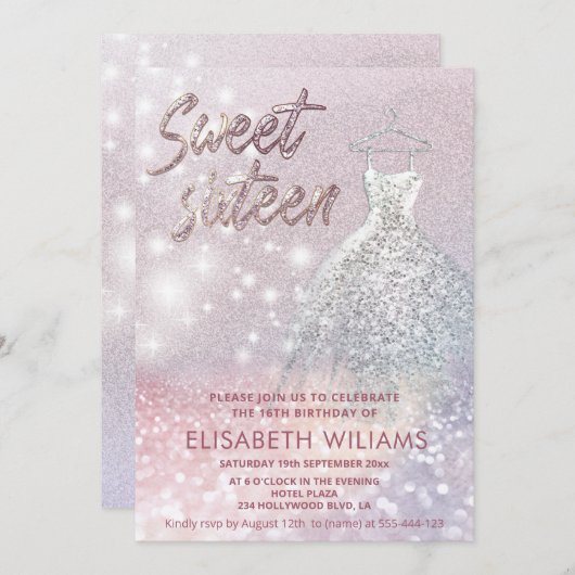 可愛らしい魅力的ドレきらめくスのグラデーション輝き 招待状 (正面/裏面)