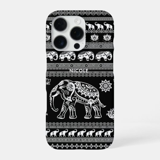 可愛らしい黒と白のタイ柄のゾウのデザイン iPhoneケース (裏面)