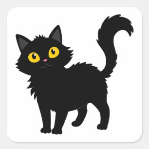可愛らしい黒ふわふわの猫 スクエアシール