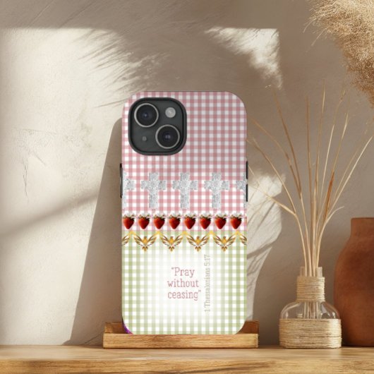 可愛らしい ピンク グリーン チェック クロス イチゴ ハト 信仰 Case-Mate iPhoneケース