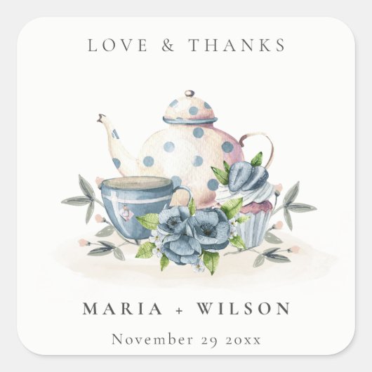 可愛エレガントいアクアブルーフローラティーポット結婚カップ スクエアシール (正面)