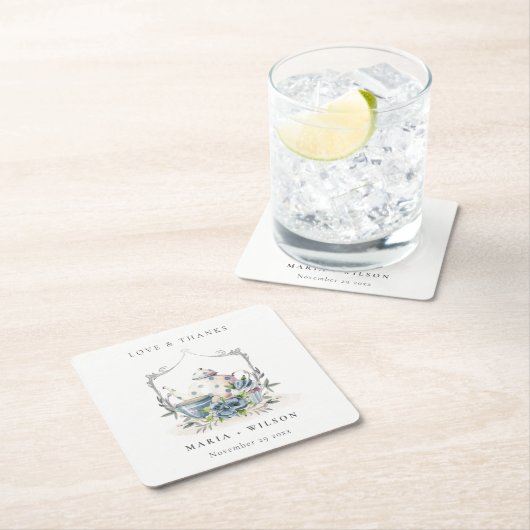 可愛エレガントいアクアブルーフローラティーポット結婚カップ スクエアペーパーコースター (インサイチュ)