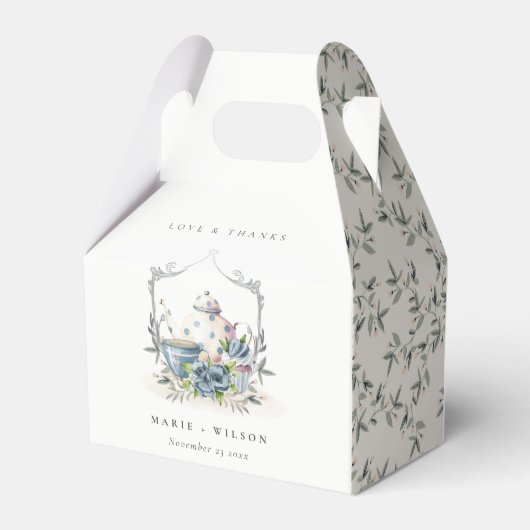 可愛エレガントいアクアブルーフローラティーポット結婚カップ フェイバーボックス (裏面サイド)