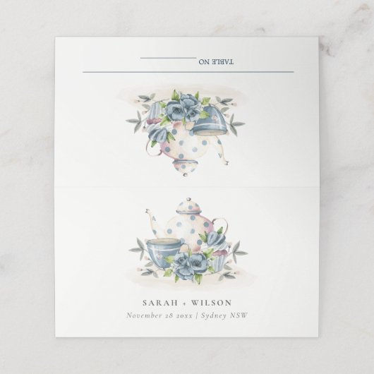 可愛エレガントいアクアブルーフローラティーポット結婚カップ プレイスカード (外部開封)