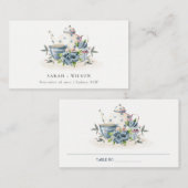 可愛エレガントいアクアブルーフローラティーポット結婚カップ プレイスカード (正面/裏面)