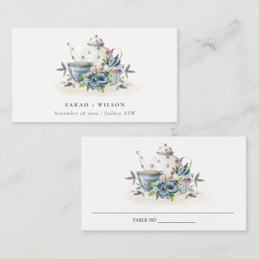 可愛エレガントいアクアブルーフローラティーポット結婚カップ プレイスカード (正面/裏面)