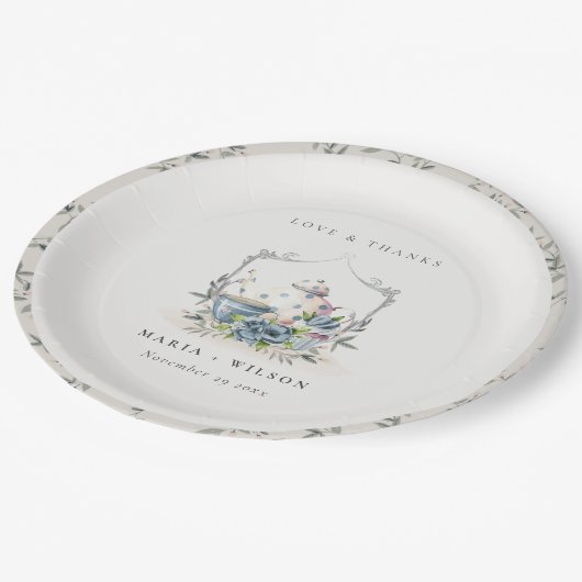 可愛エレガントいアクアブルーフローラティーポット結婚カップ ペーパープレート (アングル)