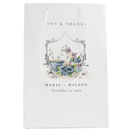 可愛エレガントいアクアブルーフローラティーポット結婚カップ ミディアムペーパーバッグ (正面)