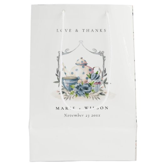 可愛エレガントいアクアブルーフローラティーポット結婚カップ ミディアムペーパーバッグ (裏面)