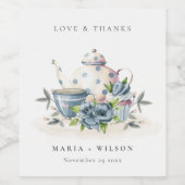 可愛エレガントいアクアブルーフローラティーポット結婚カップ ワインラベル (シングルラベル)