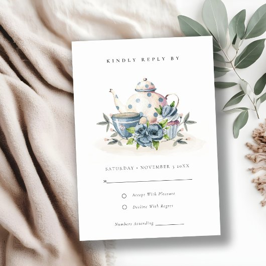 可愛エレガントいアクアブルーフローラティーポット結婚カップ 出欠カード