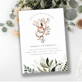 可愛エレガントいコアラ葉Any年齢誕生日招待状 サンキューカード