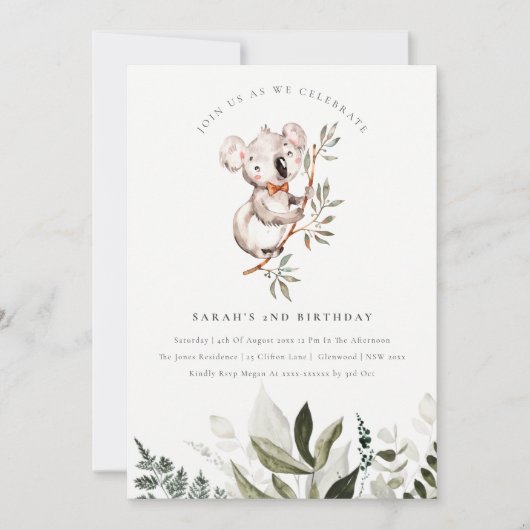 可愛エレガントいコアラ葉Any年齢誕生日招待状 サンキューカード (正面)