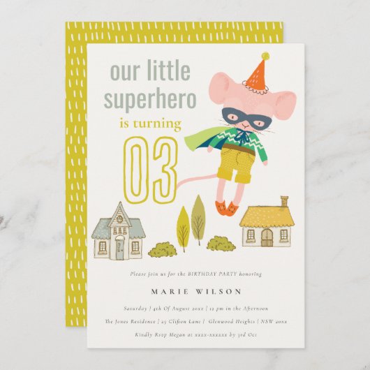 可愛エレガントいスーパーヒーローマウスおもしろい子供の誕生日 招待状 (正面/裏面)